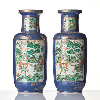 A pair of famille verte and powder blue 'roleau' vases, late Qing dynasty.