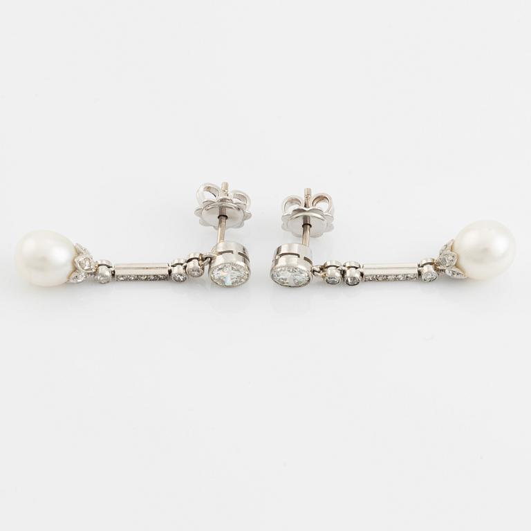 A pair of platinum pearl earings.