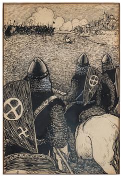 527. John Bauer, Battle scene with knights.