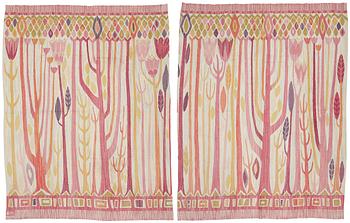 176. Kerstin Ekengren, DRAPES, 1 pair, flat woven, ca 341,5 x 264 respektive 336,5 x 262,5 cm, one signed KE 1953 (Kerstin Ekengren).