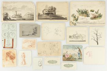 Diverse teckningar, 17 st, 17/1800-tal. Bl a "Ornäs Dalarna", "Aristoteles".