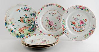 TALLRIKAR, 6 st, porslin, Kina, famille rose, 1700-tal.