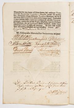 Aktiebrev, Ahlingsåhs Manufaktur Werk (Manufactur-Societet), No 43, 1728.