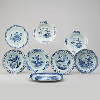 Four blue and white export porcelain plates, three soup plates and a serving dish, Qing dynasty, Qianlong (1736-95).