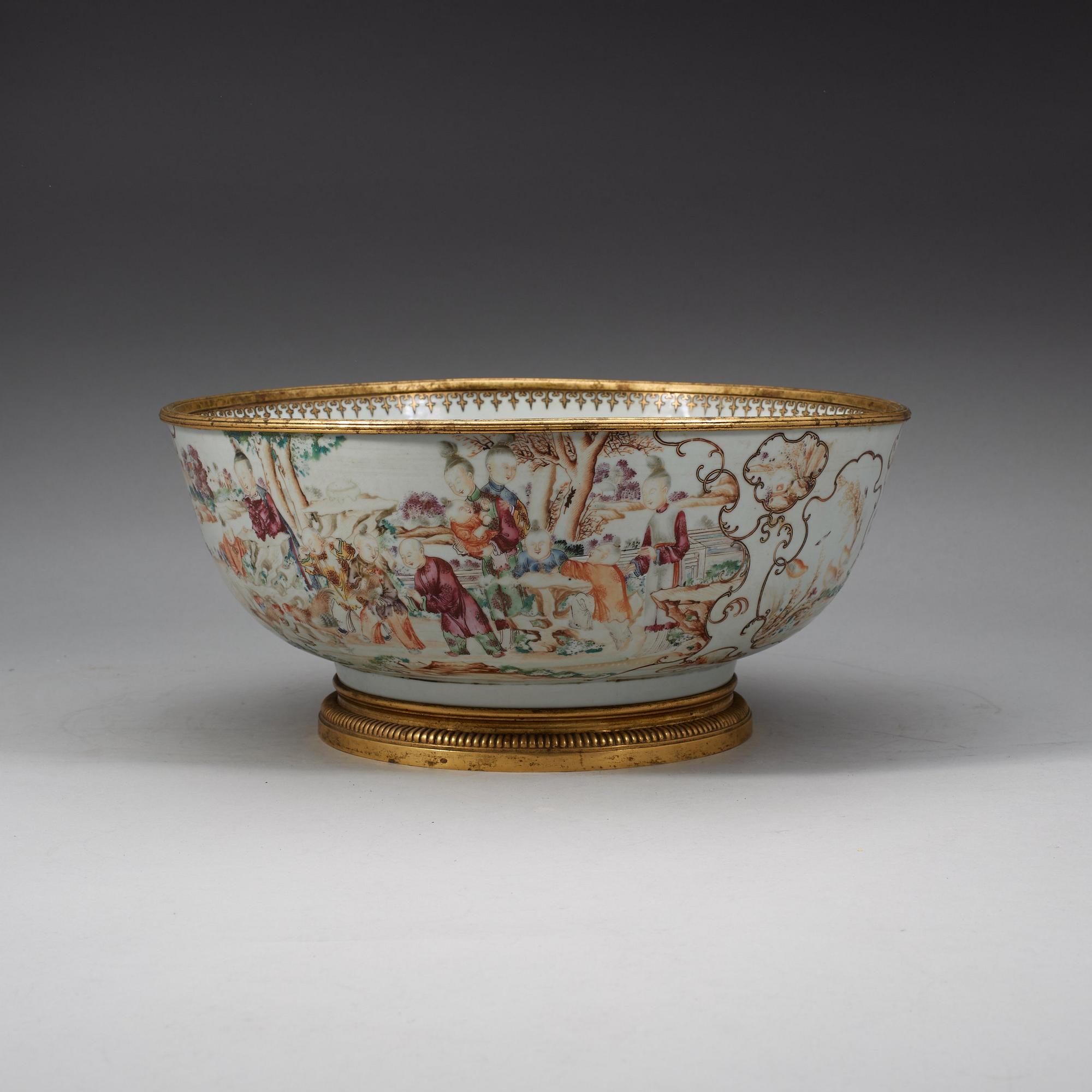 A famille rose bronze mounted punch bowl, Qing dynasty, Qianlong (1736-95).