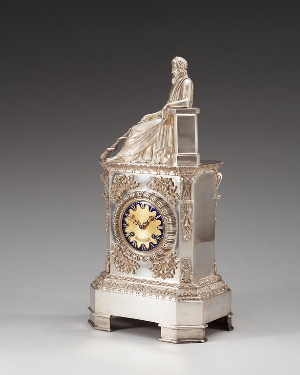 A Swedish 19th cenrury silver table-clock, makers mark of Gustaf Möllenborg Stockholm 1844, clock work by G.W.Linderoth.