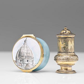 169. A 18th century silver gilt snuff-box, unmarked. And a enameled snuff-box with the Duomo, Firenze, modern make.