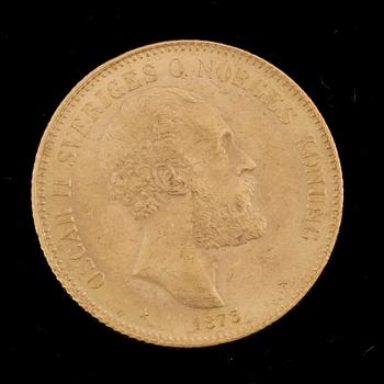 GULDMYNT, 20 Kronor, Oscar II, Sverige-Norge 1873. Vikt ca 8 gram.