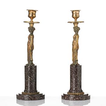 A pair of late Gustavian gilt brass and 'Blyberg' porhyry candlesticks in the manner of F. L. Rung, early 19th century.