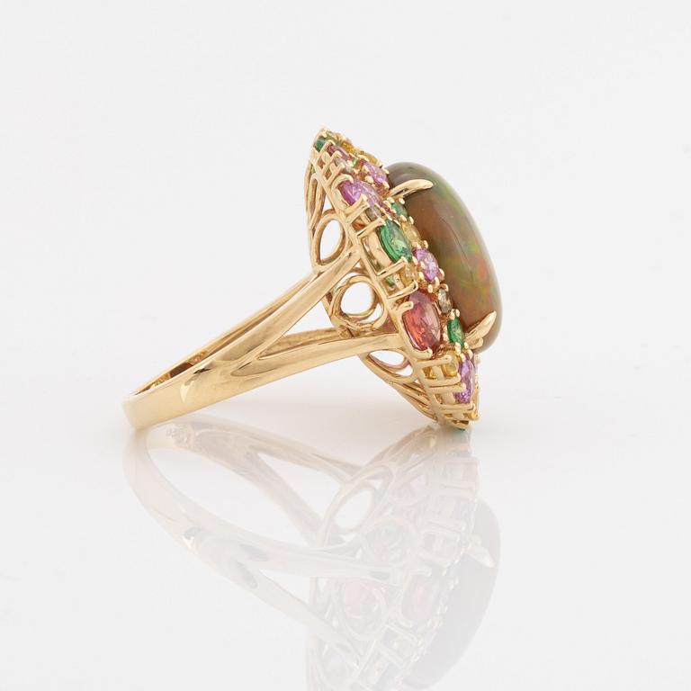 Opal, pink, yellow and orange sapphire, tsavorite and brilliant cut diamond cocktail ring.