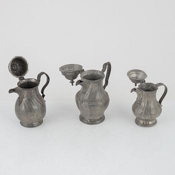 Three Rococo pewter coffee pots, 18th century.