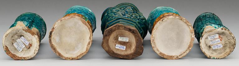 A five piece turquoise-glazed Fahua altar garniture, Ming dynasty (1368-1644).