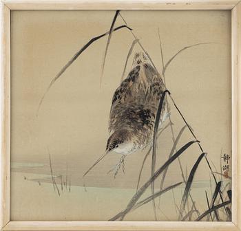 Different artists, two colour woodblock prints, one print on silk, Japan, 20th century.