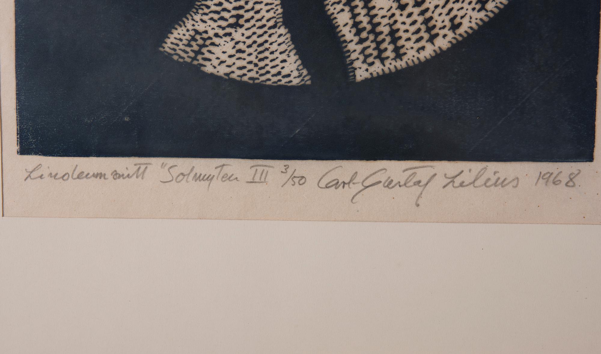 CARL-GUSTAF LILIUS, 2 kpl linoleikkausta, signeerattu, numeroitu 3/50 & 12/50, ja päivätty 1968.