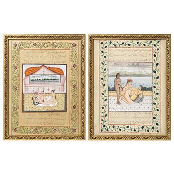 Unidentified artist, Erotic scenes in palace interiors, India, 19/20th century. Two paintings.