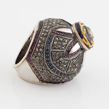 Flat cut diamond, rose cut diamonds, sapphire and ruby ring.