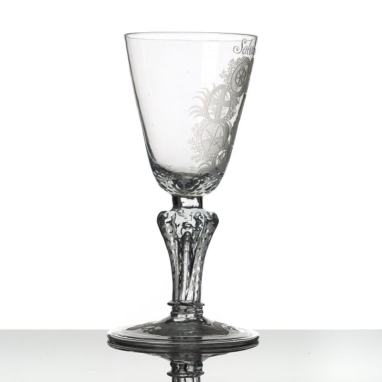 An engraved German glass goblet, 18th Century.