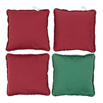 156. CUSHIONS, 4 pcs., three red ca 46 x 48 cm, ca 46 x 47 cm, ca 47 x 48 cm, a green ca 47 x 47 cm, probably  Europe.