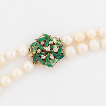 Cultured salt water pearl necklace, Claps 18K gold with enamel and old cut diamonds.