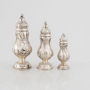 Three Rococo Style Silver Sugar Shakers, circa mid-20th Century.