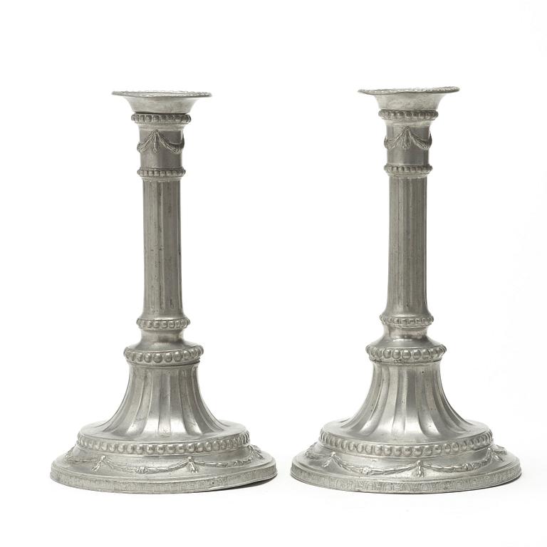 A pair of Gustavian pewter candlesticks by Jacob Sauer, Stockholm 1784.