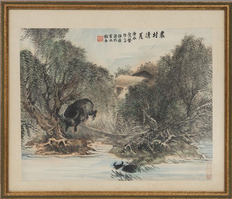 He Zhengxi (1873-1944), "Landskap med vattenbufflar" och "Landskap med trana och lärd man".