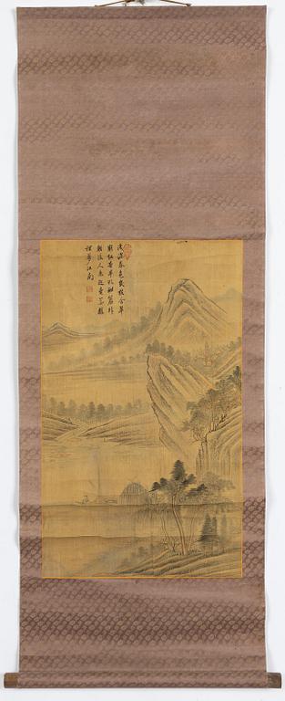 A Chinese scroll painting, ink and colour on silk, signed Zheng, and with three seals in red.