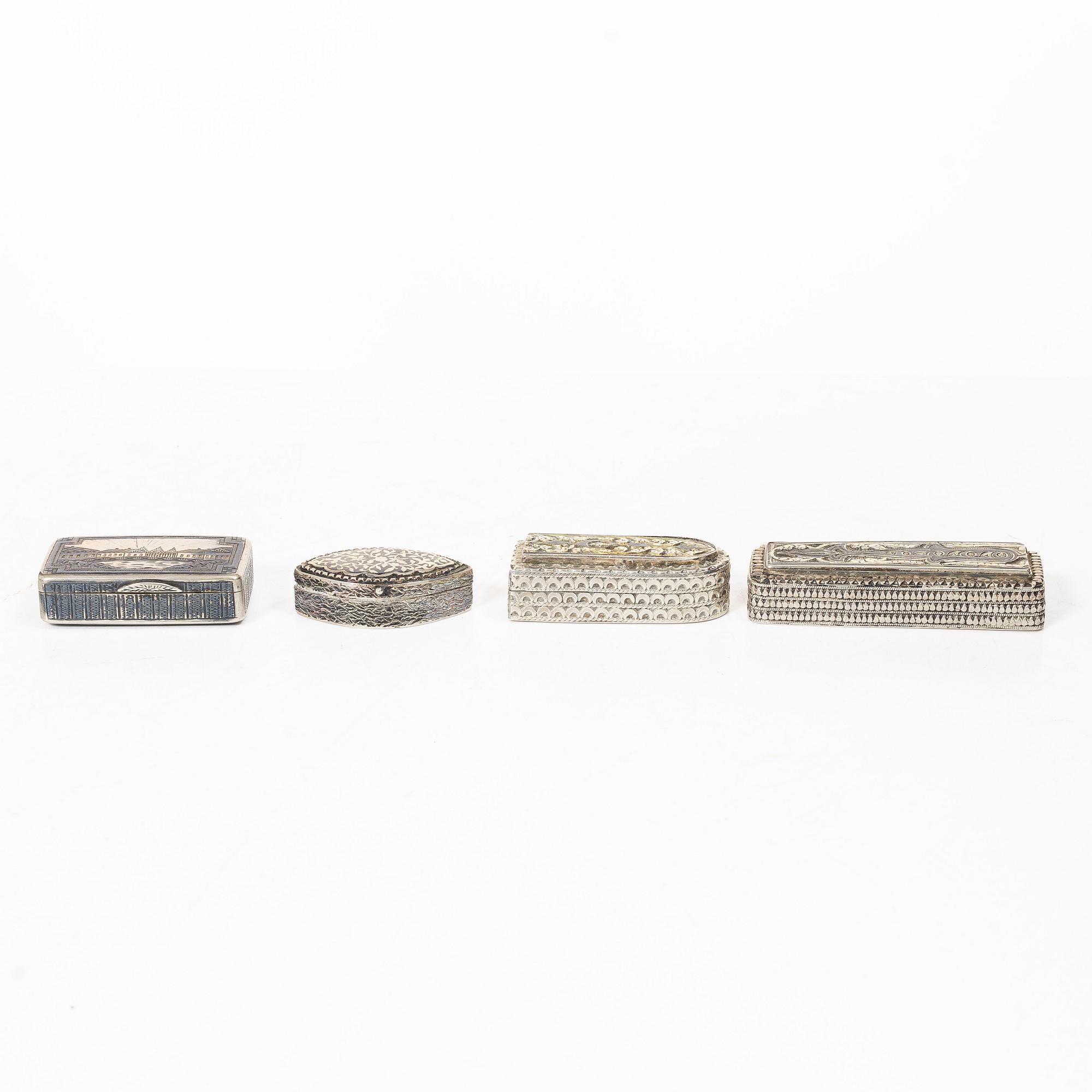 Boxes, 4 pcs, silver and niello, including Moscow, Russia 1873.