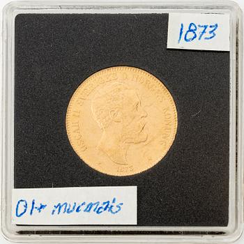 Gold coin, Oscar II, 20 kronor, type I, Sweden 1873.