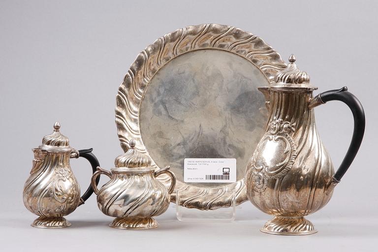 KAFFESERVIS, 4 delar. Silver. Rokokostil. Tot 1740 g.