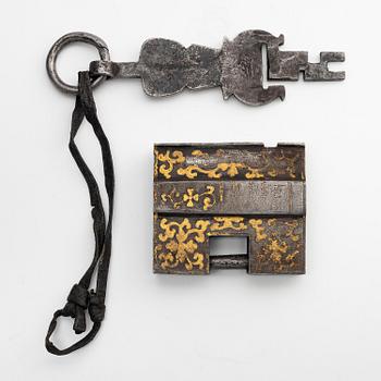 A large iron, silver and gold lock, Tibet, 17th/18th century.