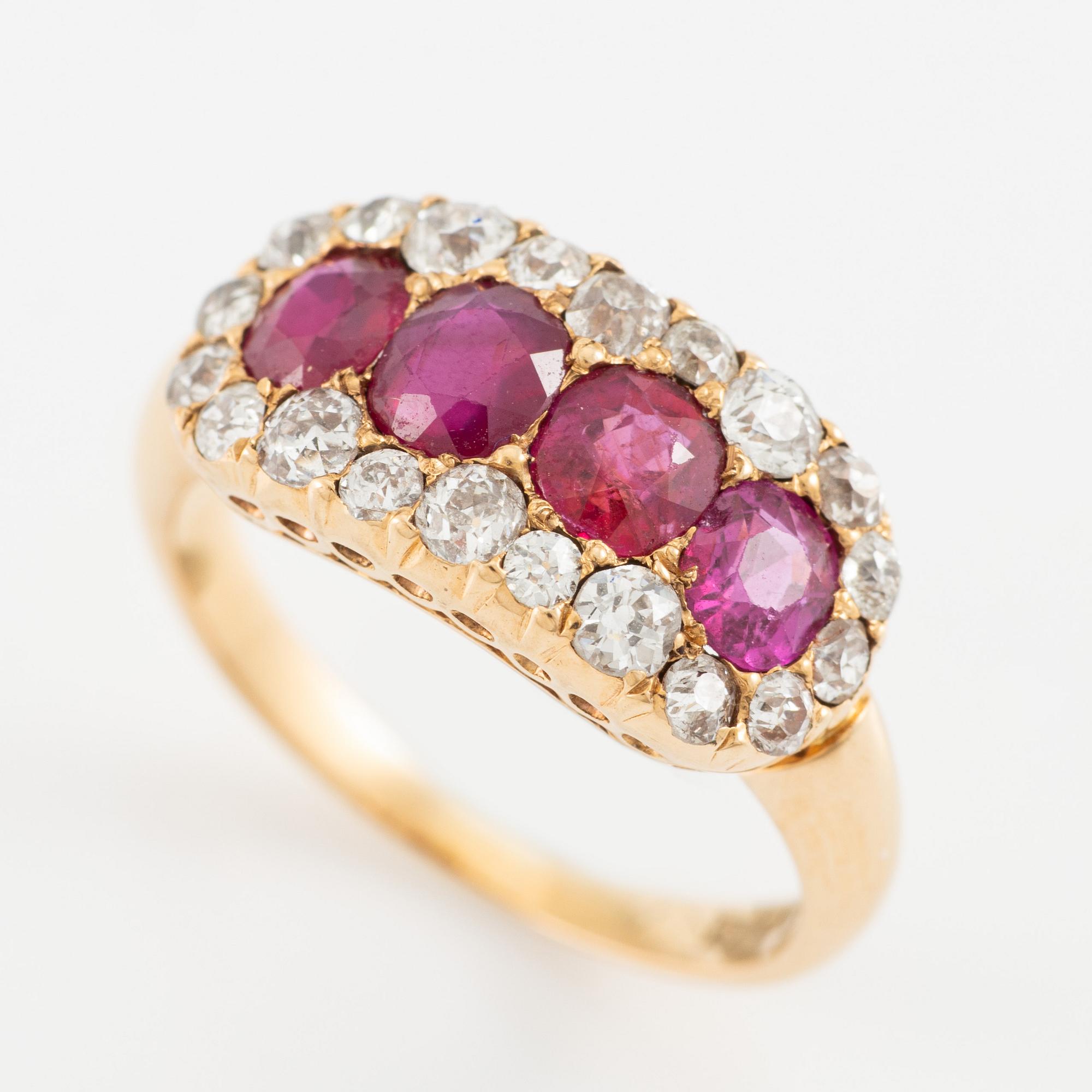 Ring, Hallbergs, 18K gold with rubies and old-cut diamonds. Early 20th century.