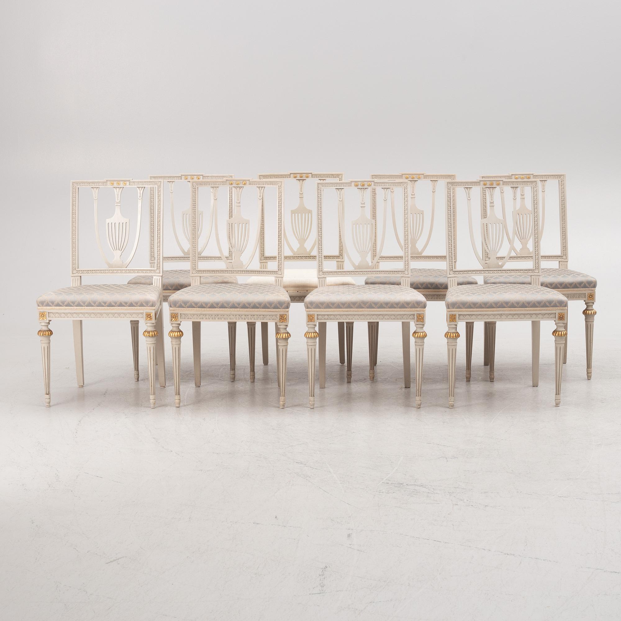 Eight Gustavian style chairs, Sweden, mid20th century/second half of the 20th century.