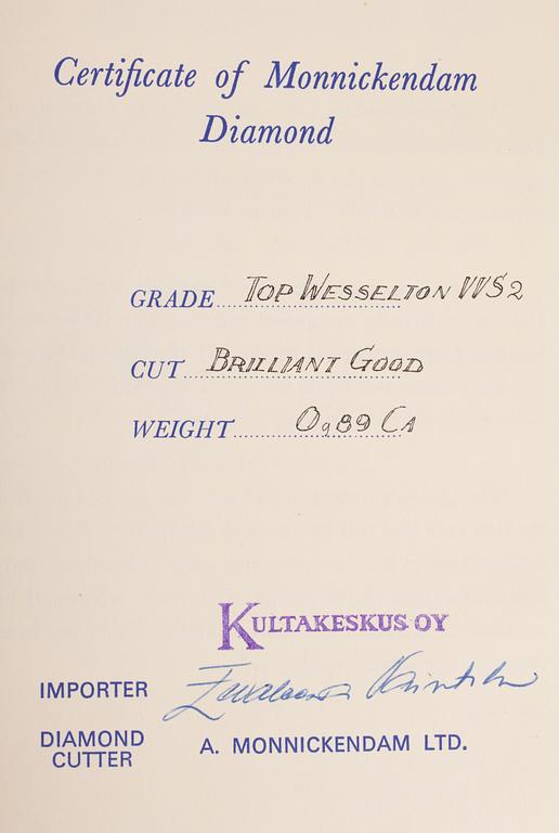 DIAMANT, briljantslipad 0,89 ct F-G (Top Wesselton) / VVS2.