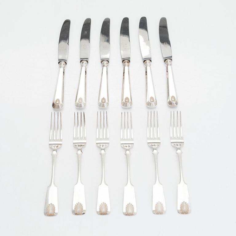 Cutlery set, 24 pieces, silver, Shell decorated handle, Finnish hallmarks, Turku, Hämeenlinna, Helsinki 1925-1953.