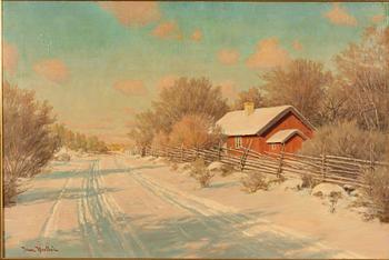 Johan Krouthén, Winter Landscape with Red Cottage.