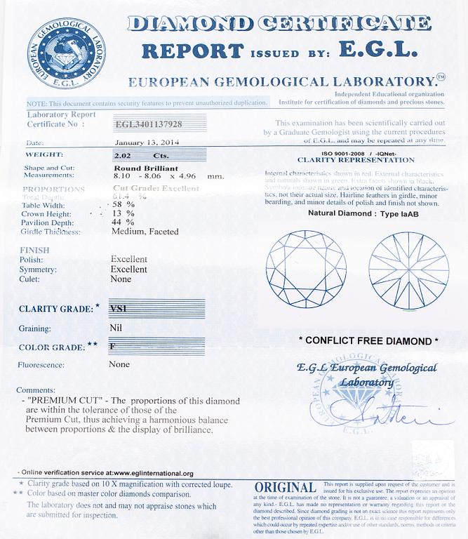 A platinum ring, set with a brilliant-cut diamond approximately 2.02 ct. With certificate.