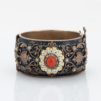 Silver, pearl and coral bangle.