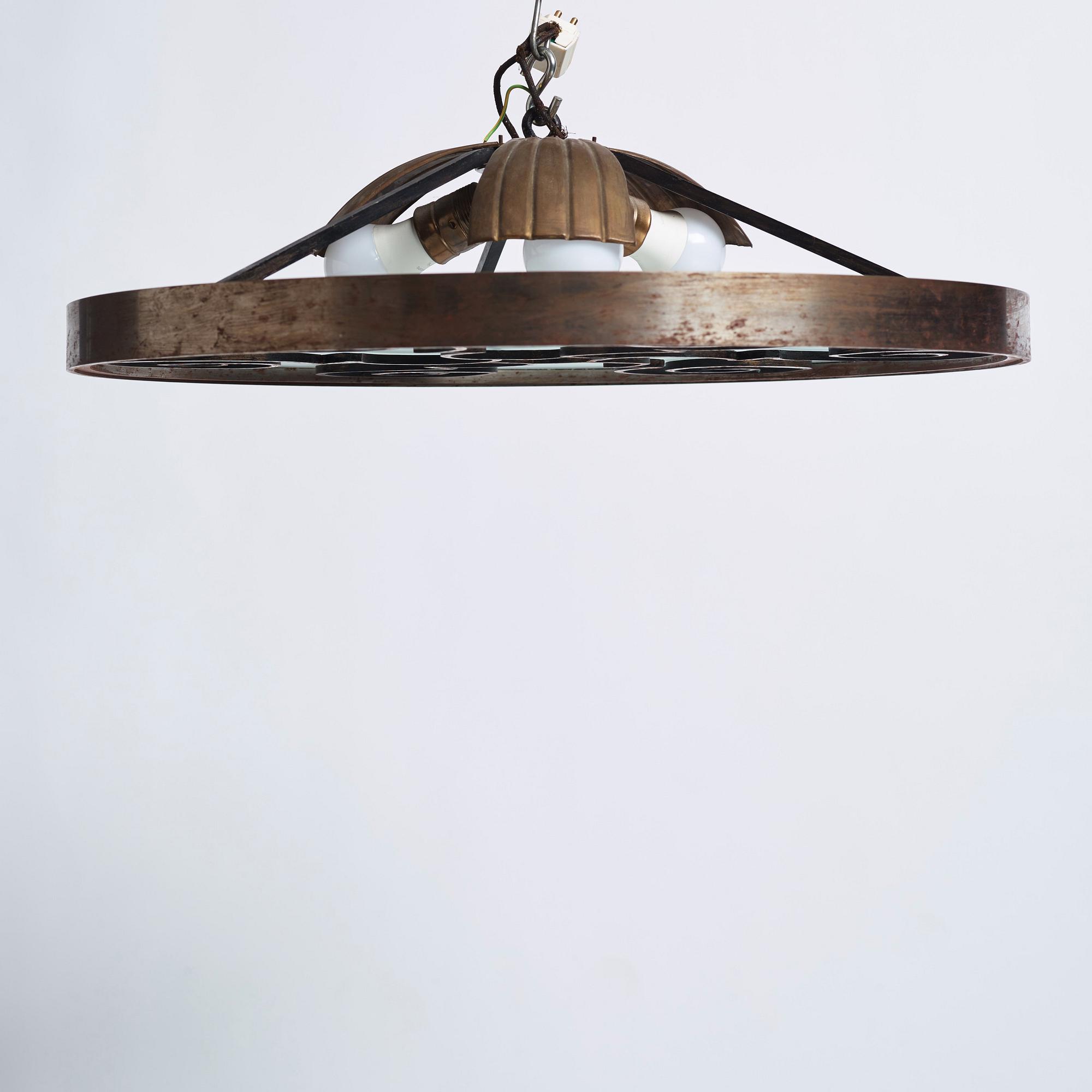 Lars Holmström, a Swedish Grace brass and steel framed ceiling light, Arvika 1920-30s.