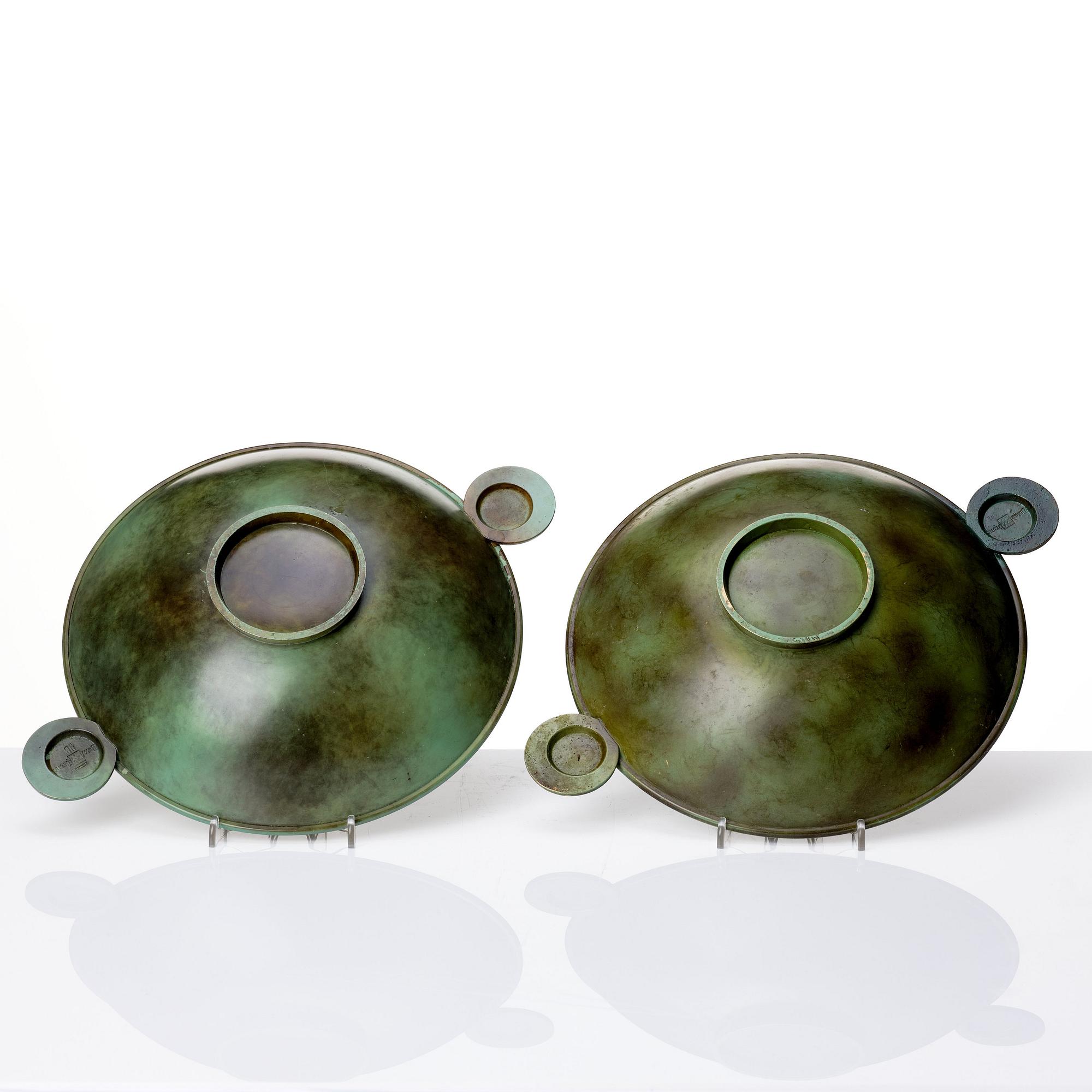 Hans Bergström, two bronze dishes, Ystad Metall, Sweden 1930s.