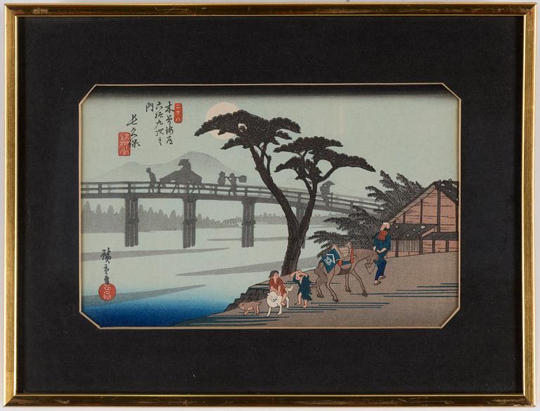 ANDO UTAGAWA HIROSHIGE (6), UTAMARA, and SHARAKU (2) colour woodblock prints. Japan, 20th century.