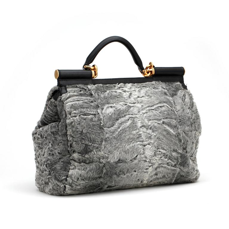 DOLCE & GABBANA, a gray shearling flap bag, "Miss Sicily".