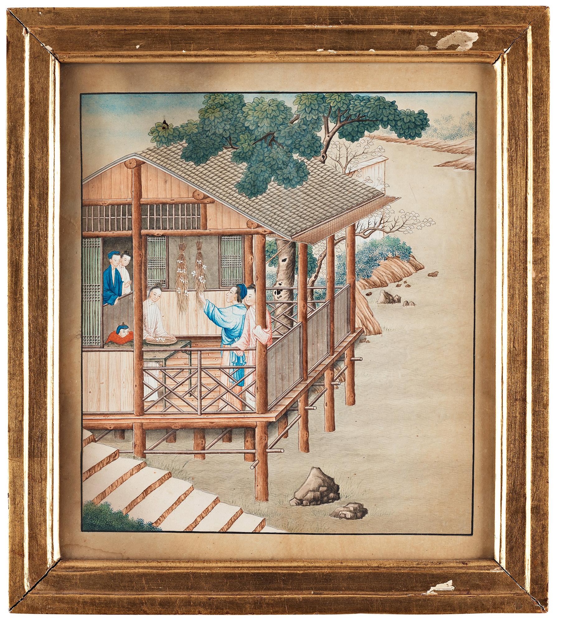 AKVARELLER, nio stycken. Okänd konstnär, Qingdynastin, 1800-tal.