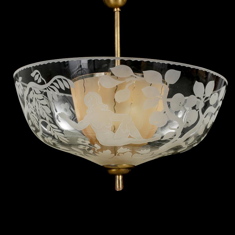 TAKLAMPA, glas, Erik Kinell för Glössner & Co 1947. Signerad.