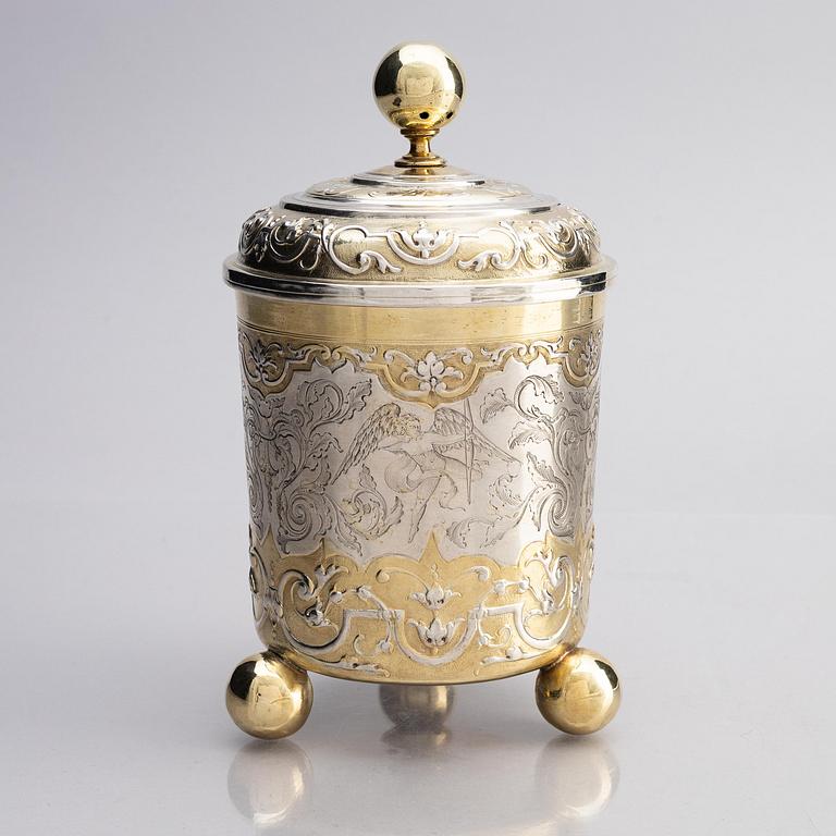 An Augsburg parcel-gilt silver beaker and cover, marks of Philipp Stenglin, Augsburg 1713 - 1717.
