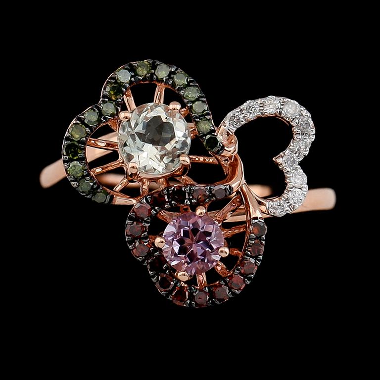 RING, 14K roséguld med flerfärgade diamanter samt ametister.