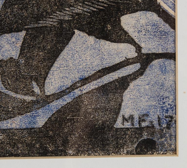 Maja Fjaestad, woodcut print in colors, signed and dated -17.