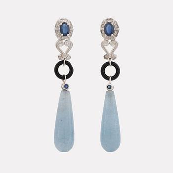 Sapphire, eight cut diamond, onyx and aquamarine drop earrings.