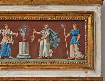 A pair of late Gustavian giltwood and gouache-inset mirrors, Stockholm, late 18th century.
