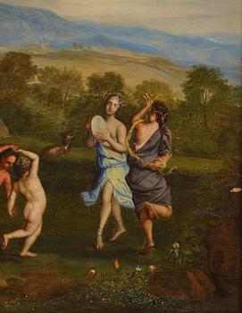 Cornelis van Poelenburgh, tillskriven, Arkaiskt landskap med dansande nymfer och fauner.
